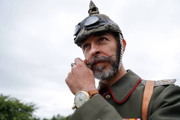 KALININGRAD REGION, RUSSIA - AUGUST 19, 2017: A participant in a historical reenactment of the 1914 Battle of Gumbinnen between the Russian and the German Armies on the Eastern Front of World War I. The battle reenactment is performed as part of the Battle of Gumbinnen military and historical festival near the village of Lermontovo. Vitaly Nevar TASS  TS05BFEE