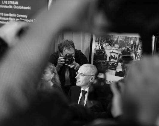 Der frühere russische Ölmilliardär und Kremlkritiker gab am 22.12.2013, kurz nach seiner Entlassung aus dem Straflager Segescha, eine Pressekonferenz im Mauermuseum Berlin Friedrichstraße Michail Chodorkowski