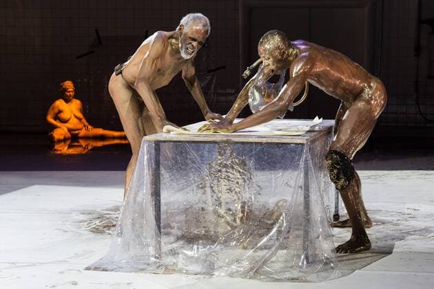EMBARGO SPERRFRIST Three Stages by Richard Siegal, Ruhrtriennale, PACT Zollverein, Essen, Germany SPERRFRIST EMBARGO bis to 7:00pm, 25 August 2017 Essen, Germany, 23 August 2017. L-R: Gus Solomons Jr and Corey Scott-Gilbert in El Dorado. Sandra Balkmann as Golden Girl. American choreographer Richard Siegal presents Three Stages: Model , In Medias Res and as a world premiere El Dorado at PACT Zollverein for the Ruhrtriennale cultural festival 2017. For editorial use only in connection with Ruhrtriennale reporting