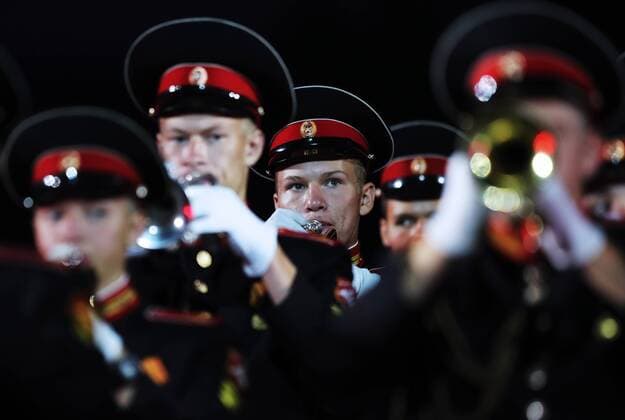 MOSCOW, RUSSIA - AUGUST 26, 2017: Members of the Valery Khalilov Moscow Suvorov Military Music College band perform at the opening ceremony of the 2017 Spasskaya Tower international military music festival in Moscow s Red Square. Sergei Savostyanov TASS  TS05D0C0