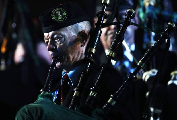 MOSCOW, RUSSIA - AUGUST 26, 2017: A member of the Celtic Massed Pipes and Drums performs at the opening ceremony of the 2017 Spasskaya Tower international military music festival in Moscow s Red Square. Sergei Savostyanov TASS  TS05D0C4