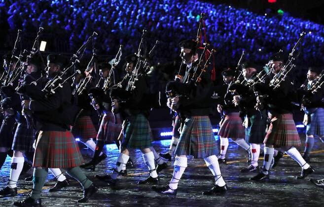 MOSCOW, RUSSIA - AUGUST 26, 2017: Members of the Celtic Massed Pipes and Drums perform at the opening ceremony of the 2017 Spasskaya Tower international military music festival in Moscow s Red Square. Sergei Savostyanov TASS  TS05D0D4