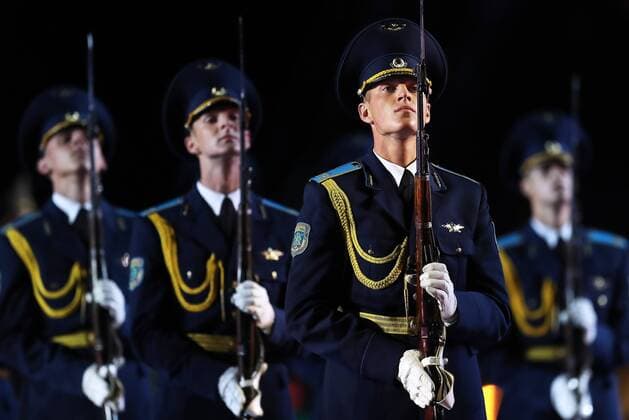 MOSCOW, RUSSIA - AUGUST 26, 2017: Members of the Honor Guard of the Belarus Armed Forces perform at the opening ceremony of the 2017 Spasskaya Tower international military music festival in Moscow s Red Square. Sergei Savostyanov TASS  TS05D0D5