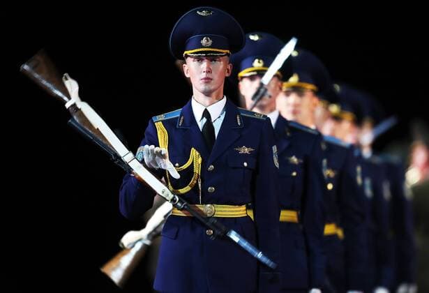 MOSCOW, RUSSIA - AUGUST 26, 2017: Members of the Honour Guard of the Belarus Armed Forces perform at the opening ceremony of the 2017 Spasskaya Tower international military music festival in Moscow s Red Square. Sergei Savostyanov TASS  TS05D0D6