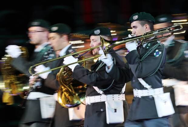 MOSCOW, RUSSIA - AUGUST 26, 2017: Members of the Military Band of Lower Austria perform at the opening ceremony of the 2017 Spasskaya Tower international military music festival in Moscow s Red Square. Sergei Savostyanov TASS  TS05D104