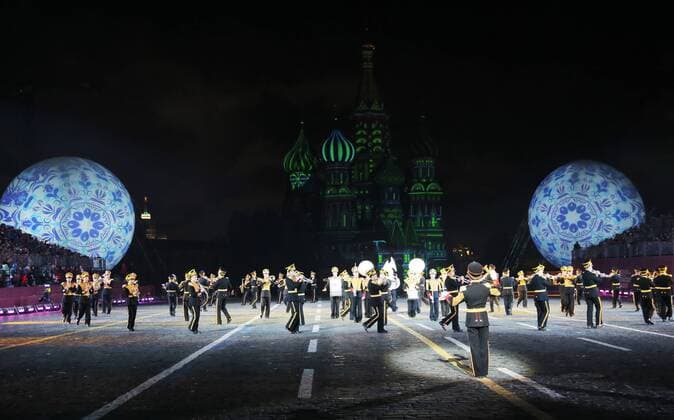 MOSCOW, RUSSIA - AUGUST 26, 2017: Members of the Russian Defence Ministry s Central Military Band perform at the opening ceremony of the 2017 Spasskaya Tower international military music festival in Moscow s Red Square. Sergei Savostyanov TASS  TS05D107