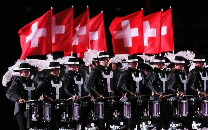 MOSCOW, RUSSIA - AUGUST 26, 2017: Members of Switzerland s Top Secret Drum Corps perform at the opening ceremony of the 2017 Spasskaya Tower international military music festival in Moscow s Red Square. Sergei Savostyanov TASS  TS05D10D