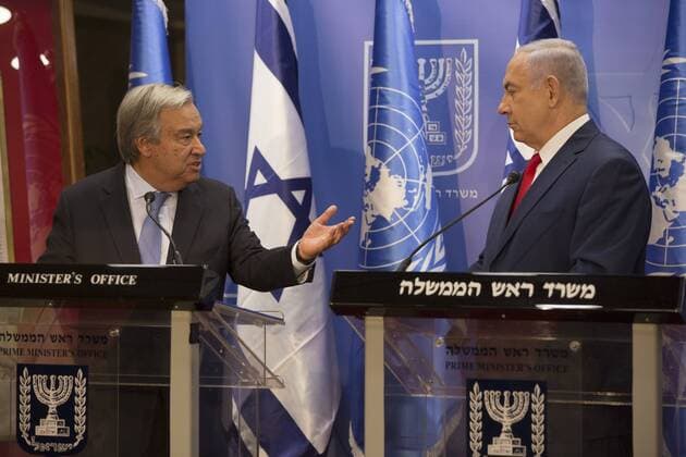 Israeli Prime Minister Benjamin Netanyahu (R) and UN Secretary-General Antonio Guterres make remarks at a press conference at the prime minister s office in Jerusalem, Israel on August 28, 2017. Pool  JERX20170828102 HeidixLevine
