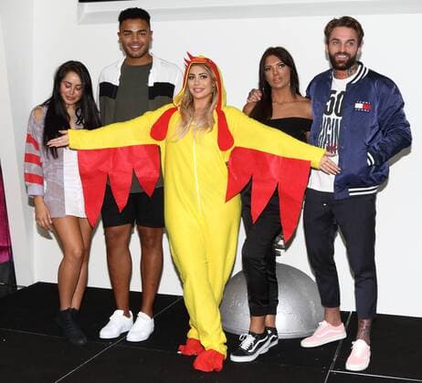 Geordie Shore at MTV Studios London.UK. Abbie Holborn, Chloe Ferry and Marnie Simpson, Nathan Henry and Aaron Chalmers at The Launch of the new series of Geordie Shore at MTV Studios, followed by Chloe Ferry dressing up as a chicken to celebrate world record for eating chicken nuggets in Camden, London, UK on the 29th August 2017. LMK73-S626-300817 Keith Mayhew Landmark Media 