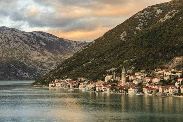 Perast at sunset, elevated view, from a cruise ship, Bay of Kotor, UNESCO World Heritage Site, Montenegro, Europe Copyright: EleanorxScriven 1167-1460