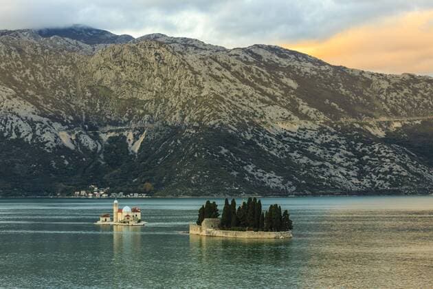 Our Lady of the Rocks and St. George s Islands, sunset, near Perast, Bay of Kotor, UNESCO World Heritage Site, Montenegro, Europe Copyright: EleanorxScriven 1167-1461