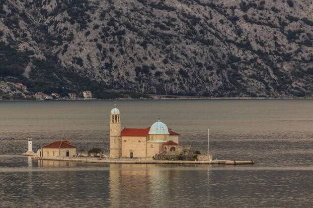 Our Lady of the Rocks island, sunset, near Perast, Bay of Kotor, UNESCO World Heritage Site, Montenegro, Europe Copyright: EleanorxScriven 1167-1462