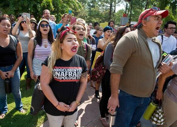 September 5, 2017 - U.S. - Marla Brose -- Cecilia Frescas, front left, a UNM student, joins hundreds of University of New Mexico students, staff and faculty, who chant in support of immigrants and DACA students who may be affected by President Trump s proposed policy changes, Tuesday, Sept. 5, 2017, in Albuquerque, N.M. U.S. - ZUMAab1_ 20170905_zaf_ab1_023 Copyright: xAlbuquerquexJournalx