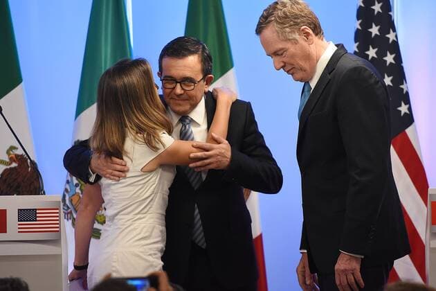 September 5, 2017 - Mexico City, Mexico, Mexico - Chrystia Freeland, Minister of Foreign Affairs of Canada, is seen giving her a kiss on the cheek to Mexico s Secretary of Economy Ildefonso Guajardo Villarreal, at meeting with the media as part of the Second Round of NAFTA Negotiations on September 05, 2017 in Mexico City, Mexico Mexico City Mexico  - ZUMAn230 20170905_zaa_n230_477 Copyright: xCarlosxTischlerx