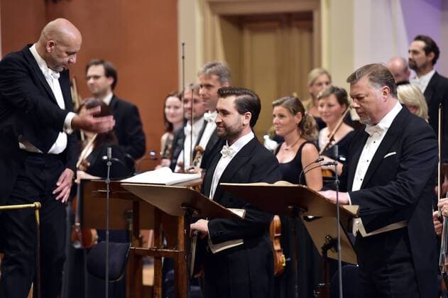 French conductor EMMANUEL VILLAUME (left), Czech soloist RICHARD SAMEK (center) and German soloist RENE PAPE (right) perform the Oratorio Stabat Mater by Antonin Dvorak, which began the 10th year of the international music festival Dvorak Prague in the Prague Rudolfinum, Czech Republic, on September 7, 2017. (CTKxPhoto RomanxVondrous) CTKPhotoP201709071086501  vnd 2