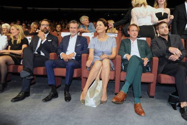 74. Filmfestspiele in Venedig, Italien. Rick Ostermann, Ulrich Matthes, Barbara Auer und Felix von Bredow in Kino nach dem Red Carpet zum deutschen Film KRIEG (Orrizonti) von Schiwago Film Berlin. 74th Film Festival Venice, Mostra del Cinema, Biennale Venezia, Italy.