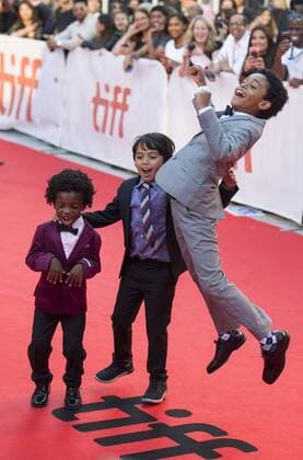 (170914) -- TORONTO, Sep. 14, 2017 -- Actors Aiden Akpan, Callan Farris and Reece Cody (from L to R) pose for photos before the world premiere of the film Kings at Roy Thomson Hall during the 2017 Toronto International Film Festival in Toronto, Canada, Sept. 13, 2017. )(gj) CANADA-TORONTO-TIFF- KINGS ZouxZheng 