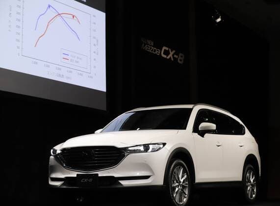 September 14, 2017, Tokyo, Japan - Japan s automaker Mazda displays the new sports utility vehicle (SUV) CX-8 in Tokyo on Thursday, September 14, 2017. The new crossover SUV has a turbo charged 2.2-litre diesel engine to drive three-row seats roomy body.  (lwxa013590)