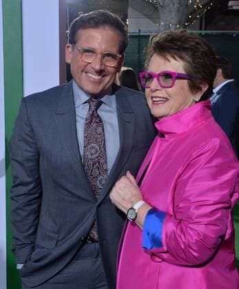 Cast member Steve Carell and former tennis player Billie Jean King attend the premiere of the biographical sports comedy Battle of the Sexes at the Regency Village Theatre in the Westwood section of Los Angeles on September 16, 2017. Storyline: The true story of the 1973 tennis match between World number one Billie Jean King and ex-champ and serial hustler Bobby Riggs.  LAP201709156 JIMxRUYMEN