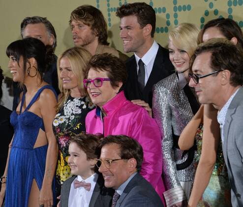 Former tennis player Billie Jean King (C) is joined by cast members during the premiere of the biographical sports comedy Battle of the Sexes at the Regency Village Theatre in the Westwood section of Los Angeles on September 16, 2017. Storyline: The true story of the 1973 tennis match between World number one Billie Jean King and ex-champ and serial hustler Bobby Riggs.  LAP201709155 JIMxRUYMEN