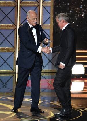 Director Jean-Marc Vallée accepts the award for Outstanding Directing for a Limited Series, Movie, or Dramatic Special award for Big Little Lies from actor Gerald McRaney onstage during the 69th annual Primetime Emmy Awards at Microsoft Theater in Los Angeles on September 17, 2017.  LAP201709170168 JIMxRUYMEN
