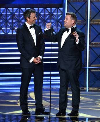TV personalities Seth Meyers (L) and James Corden onstage during the 69th annual Primetime Emmy Awards at Microsoft Theater in Los Angeles on September 17, 2017.  LAP201709170178 JIMxRUYMEN