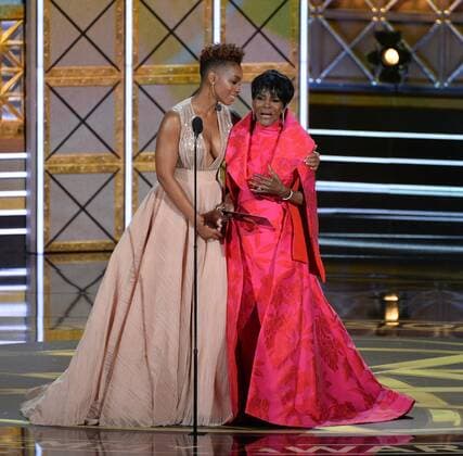 Actors Anika Noni Rose and Cicely Tyson onstage during the 69th annual Primetime Emmy Awards at Microsoft Theater in Los Angeles on September 17, 2017.  LAP201709170275 JIMxRUYMEN