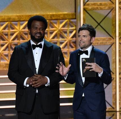 Actors Craig Robinson and Adam Scott onstage during the 69th annual Primetime Emmy Awards at Microsoft Theater in Los Angeles on September 17, 2017.  LAP201709170278 JIMxRUYMEN