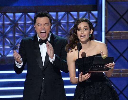Actor producer Seth MacFarlane and actor Emmy Rossum onstage during the 69th annual Primetime Emmy Awards at Microsoft Theater in Los Angeles on September 17, 2017.  LAP201709170291 JIMxRUYMEN