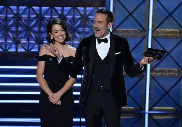 Actors Tatiana Maslany and Jeffrey Dean Morgan onstage during the 69th annual Primetime Emmy Awards at Microsoft Theater in Los Angeles on September 17, 2017.  LAP201709170330 JIMxRUYMEN