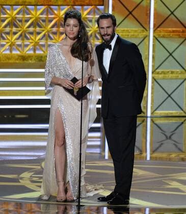 Actors Jessica Biel (L) and Joseph Fiennes announce a winner onstage during the 69th annual Primetime Emmy Awards at Microsoft Theater in Los Angeles on September 17, 2017.  LAP201709172052 JIMxRUYMEN