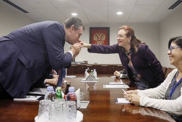 NEW YORK CITY, USA - SEPTEMBER 18, 2017: Leonid Slutsky, chairman of the Russian State Duma s Committee on International Affairs, kisses a hand of Ecuador s Foreign Minister Maria Fernanda Espinosa during a meeting. Alexander Shcherbak TASS  TS0609FB