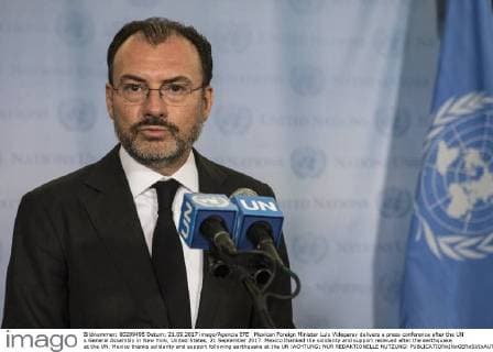Mexican Foreign Minister Luis Videgaray delivers a press conference after the UN s General Assembly in New York, United States, 21 September 2017. Mexico thanked the solidarity and support received after the earthquake at the UN. Mexico thanks solidarity and support following earthquake at the UN !ACHTUNG: NUR REDAKTIONELLE NUTZUNG!  Copyright: xEduxBayerx NYC201 20170921-636416344944027753