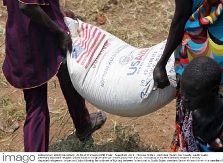 August 28, 2014 - Panweel Village - Kolnyang Payam, Bor County, South Sudan - Internally displaced refugees unload sacks of sorghum and split yellow peas from a truck. Thousands of South Sudanese became internally displaced refugees in Jonglei and Juba following the outbreak of fighting between forces loyal to South Sudan president Salvar Kiir and his ex-vice president Rick Machar in December 2013. To help displaced and conflict-affected households return home and start the recovery process aid organizations have engaged in emergency response activities such as providing emergency food rations. Panweel Village - Kolnyang Payam South Sudan - ZUMAf76_ 20140828_zap_f76_013 Copyright: xRicxFrancisx