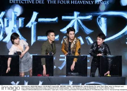 BEIJING, CHINA - SEPTEMBER 21: Actress Sandra Ma, actor Mark Zhao, actor Lin Gengxin and actor Feng Shaofeng attend the press conference of film Detective Dee: The Four Heavenly Kings on September 21, 2017 in Beijing, China.  Copyright: xVCGx CFP111127801625