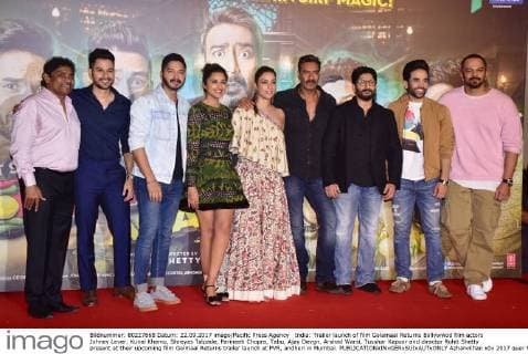 India: Trailer launch of film Golamaal Returns Bollywwod film actors Johney Lever, Kunal Khemu, Shreyas Talpade, Parineeti Chopra, Tabu, Ajay Devgn, Arshad Warsi, Tusshar Kapoor and director Rohit Shetty present at their upcoming film Golmaal Returns trailer launch at PVR, andheri in Mumbai.  AzharxKhan