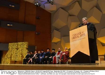 September 23, 2017 - Minneapolis, Minnesota, U.S. - President of Finland, SAULI NIINISTO speaking at podium, Receives Honorary Law Degree from the University of Minnesota at Orchestra Hall. Minneapolis U.S. - ZUMAu22_ 20170923_sha_u22_720 Copyright: xSeanxSmudax
