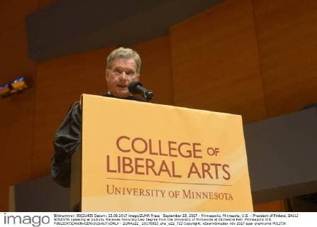 September 23, 2017 - Minneapolis, Minnesota, U.S. - President of Finland, SAULI NIINISTO speaking at podium, Receives Honorary Law Degree from the University of Minnesota at Orchestra Hall. Minneapolis U.S. - ZUMAu22_ 20170923_sha_u22_723 Copyright: xSeanxSmudax