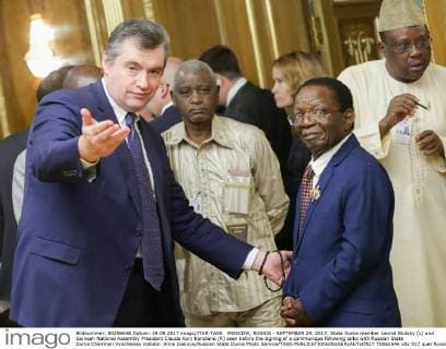 MOSCOW, RUSSIA - SEPTEMBER 29, 2017: State Duma member Leonid Slutsky (L) and Guinean National Assembly President Claude Kory Kondiano (R) seen before the signing of a communique following talks with Russian State Duma Chairman Vyacheslav Volodin. Anna Isakova Russian State Duma Photo Service TASS  TS062646
