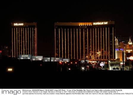 A view of the Mandalay Bay Resort and Casino after a shooting at the Route 91 Country Music festival in Las Vegas, Nevada on October 2, 2017. More than 20 people were killed and at least 100 others injured after a gunman opened fire Sunday night at a country music festival opposite the Mandalay Bay hotel and resort on the Las Vegas Strip, authorities said.  LAV2017100206 JAMESxATOA