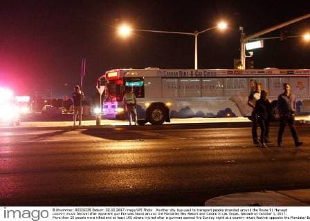 Another city bus used to transport people stranded around the Route 91 Harvest country music festival after apparent gun fire was heard around the Mandalay Bay Resort and Casino in Las Vegas, Nevada on October 1, 2017. More than 20 people were killed and at least 100 others injured after a gunman opened fire Sunday night at a country music festival opposite the Mandalay Bay hotel and resort on the Las Vegas Strip, authorities said.  LAV2017100214 JAMESxATOA