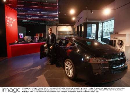 MOSCOW, RUSSIA - OCTOBER 2, 2017: A Tesla Model S electric car on display at the Moscow Tesla Club unofficial dealership centre in Moscow s Kutuzovsky Prospekt Street. Sergei Fadeichev TASS  TS062B8A