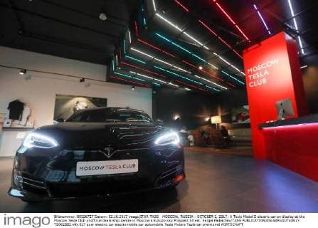 MOSCOW, RUSSIA - OCTOBER 2, 2017: A Tesla Model S electric car on display at the Moscow Tesla Club unofficial dealership centre in Moscow s Kutuzovsky Prospekt Street. Sergei Fadeichev TASS  TS062B82