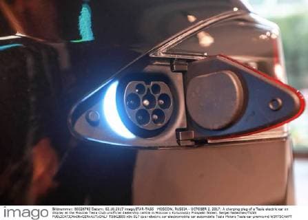 MOSCOW, RUSSIA - OCTOBER 2, 2017: A charging plug of a Tesla electric car on display at the Moscow Tesla Club unofficial dealership centre in Moscow s Kutuzovsky Prospekt Street. Sergei Fadeichev TASS  TS062B85