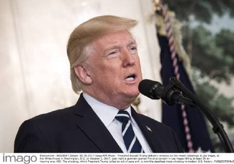 President Donald Trump delivers remakes on the recent shootings in Las Vegas, at the White House in Washington, D.C. on October 2, 2017. Last night a gunman opened fire on a concert in Las Vegas killing at least 50 an injuring over 400. The shooting, which President Trump called an act of pure evil, is now the deadliest mass shooting in modern U.S. history.  WAP20171002301 KEVINxDIETSCH