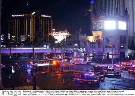 Oct 1, 2017 - Las Vegas, Nevada, U.S. - Las Vegas Metro Police and medical workers stage in the intersection of Tropicana Avenue and Las Vegas Boulevard South after a mass shooting at a music festival on the Las Vegas Strip Sunday, Oct. 1, 2017. At least 58 people died in the shooting and 515 people were injured Sunday night. The shooting has become the deadliest in modern U.S. history. The suspect, 64-year-old Stephen Paddock, was found dead in his Mandalay Bay hotel room. Las Vegas U.S. - ZUMAl154 20171002_rua_l154_924 Copyright: xStevexMarcus LasxVegasxSunx
