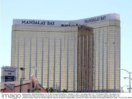 October 2, 2017 - Las Vegas, NV, U.S. - 02 October 2017 - Las Vegas, NV - Mandalay Bay Resort and Casino. A gunman on the 32nd floor of Las Vegas hotel Mandalay Bay and Casino rained a rapid-fire barrage on an outdoor concert, Route 91 Harvest Festival, leaving at least 59 people dead, injuring 527 others, and sending thousands fleeing for cover, in one of the deadliest mass shootings in American history. Photo shows broken windows from the room of shooter Stephen Paddock. Photo Credit: MJT AdMedia Las Vegas U.S. - ZUMAa123 20171002_zaa_a123_020 Copyright: xMjtAdmediax