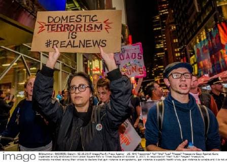 US: NYC ?responds? ?to? ?the? ?Las? ?Vegas? ?massacre Gays Against Guns organized a rally and march from Union Square Park to Times Square on October 2, 2017; in response to? ?the? ?Las? ?Vegas? ?massacre, hundreds marched raising their voices to declare that gun violence is an epidemic, gun violence is a public health crisis, gun violence is curable and it is not acceptable that americans are getting slaughtered as a result of gun violence.  ErikxMcGregor