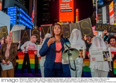 US: NYC ?responds? ?to? ?the? ?Las? ?Vegas? ?massacre Public Advocate for the City of New York Letitia James - Gays Against Guns organized a rally and march from Union Square Park to Times Square on October 2, 2017; in response to? ?the? ?Las? ?Vegas? ?massacre, hundreds marched raising their voices to declare that gun violence is an epidemic, gun violence is a public health crisis, gun violence is curable and it is not acceptable that americans are getting slaughtered as a result of gun violence.  ErikxMcGregor