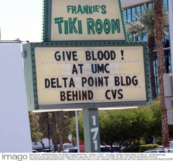 October 2, 2017 - Las Vegas, Nevada, United States of America - Donate Blood Sign for victims of the mass shooting in Las Vegas Nevada, gets ready for a tv interveiw on October 02, 2017 Las Vegas United States of America - ZUMAt114 20171002_zap_t114_041 Copyright: xMarcelxThomasx